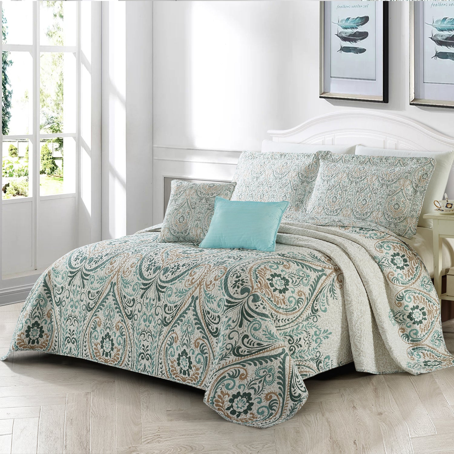 5 Piece Visionary Blue Printed Microfiber Quilt Bedspread Set