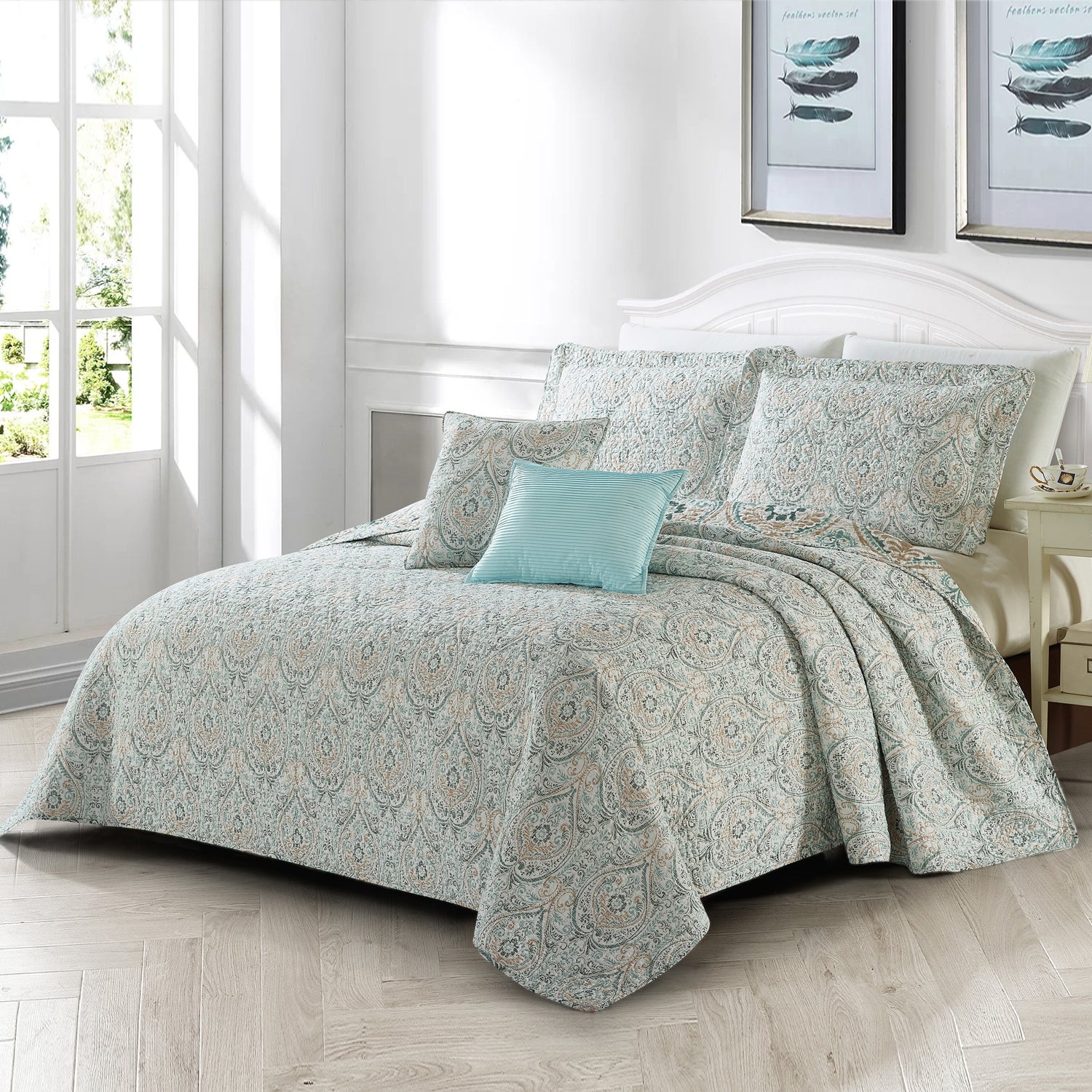 5 Piece Visionary Blue Printed Microfiber Quilt Bedspread Set