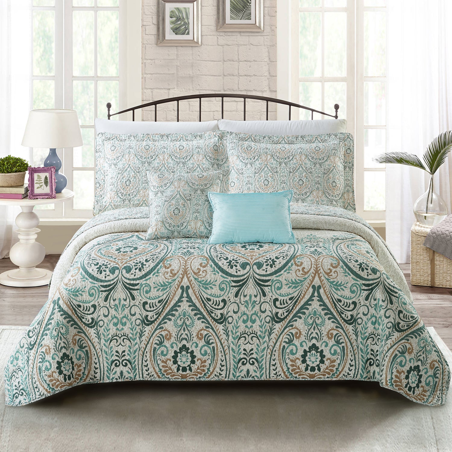 5 Piece Visionary Blue Printed Microfiber Quilt Bedspread Set