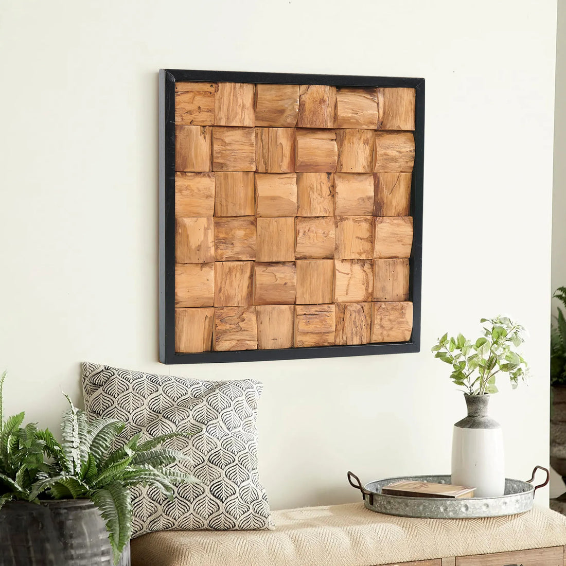 Bark Square Teak Wood Wall Art (17&quot; x 17&quot; x 1.6&quot;)