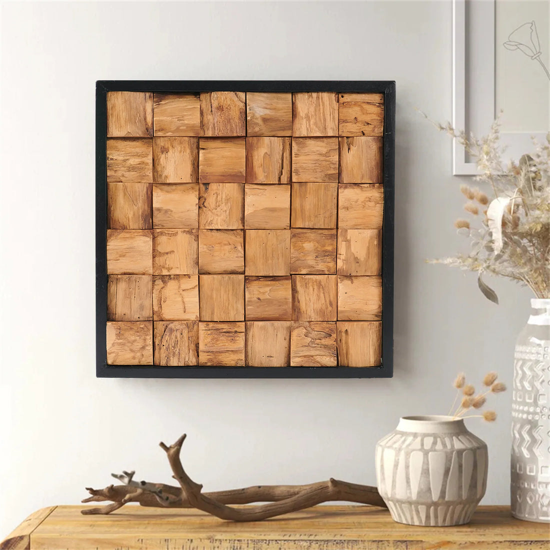 Bark Square Teak Wood Wall Art (17&quot; x 17&quot; x 1.6&quot;)