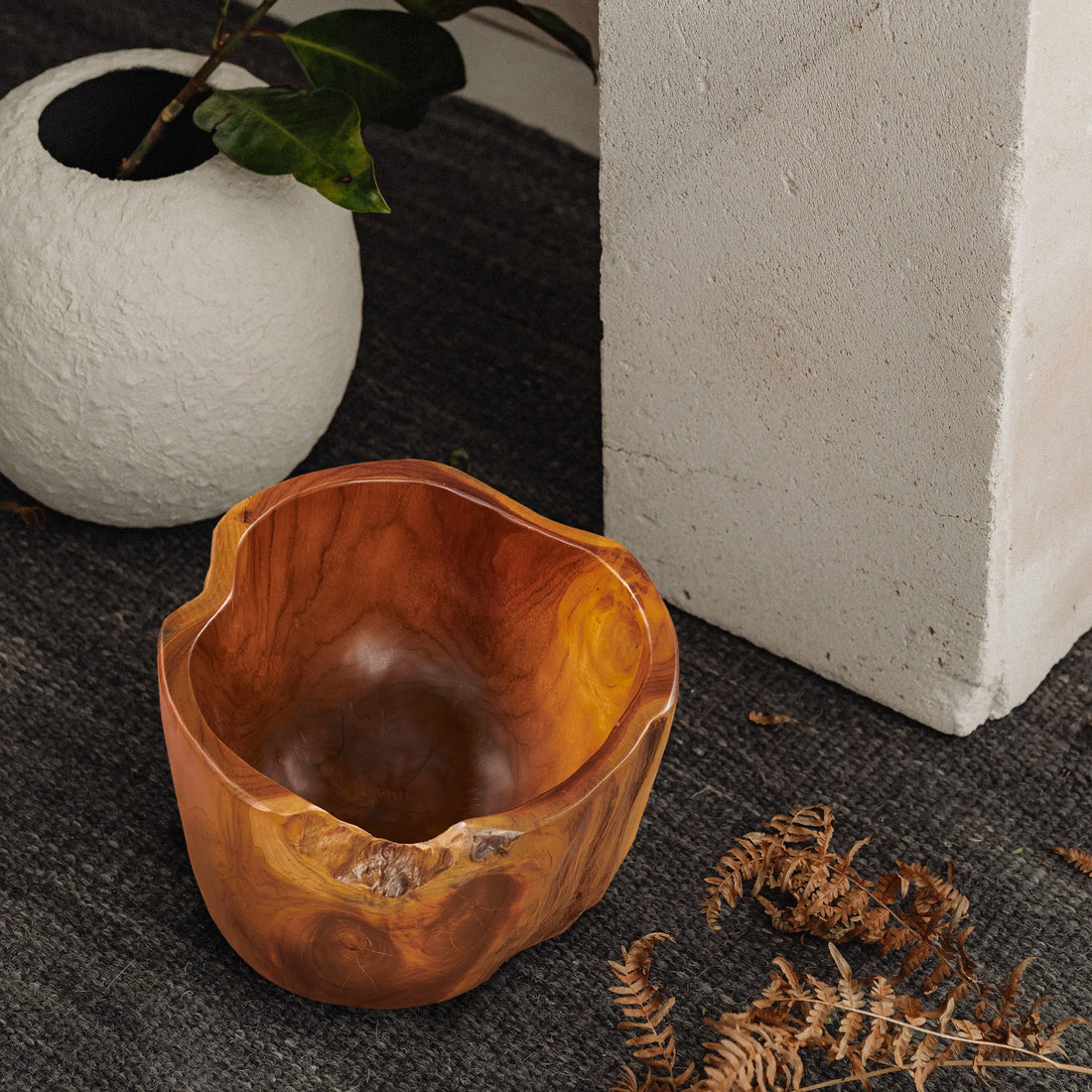 Abstract Straight Handcrafted Teak Bowl (11.8" x 11.8" x 8.2")
