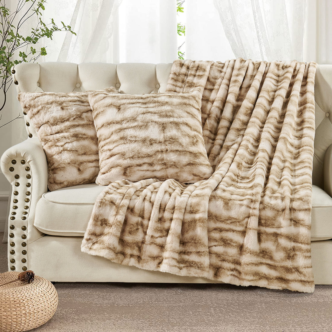 Raccoon Faux Fur Throw Blanket &amp; Pillow Cover Set