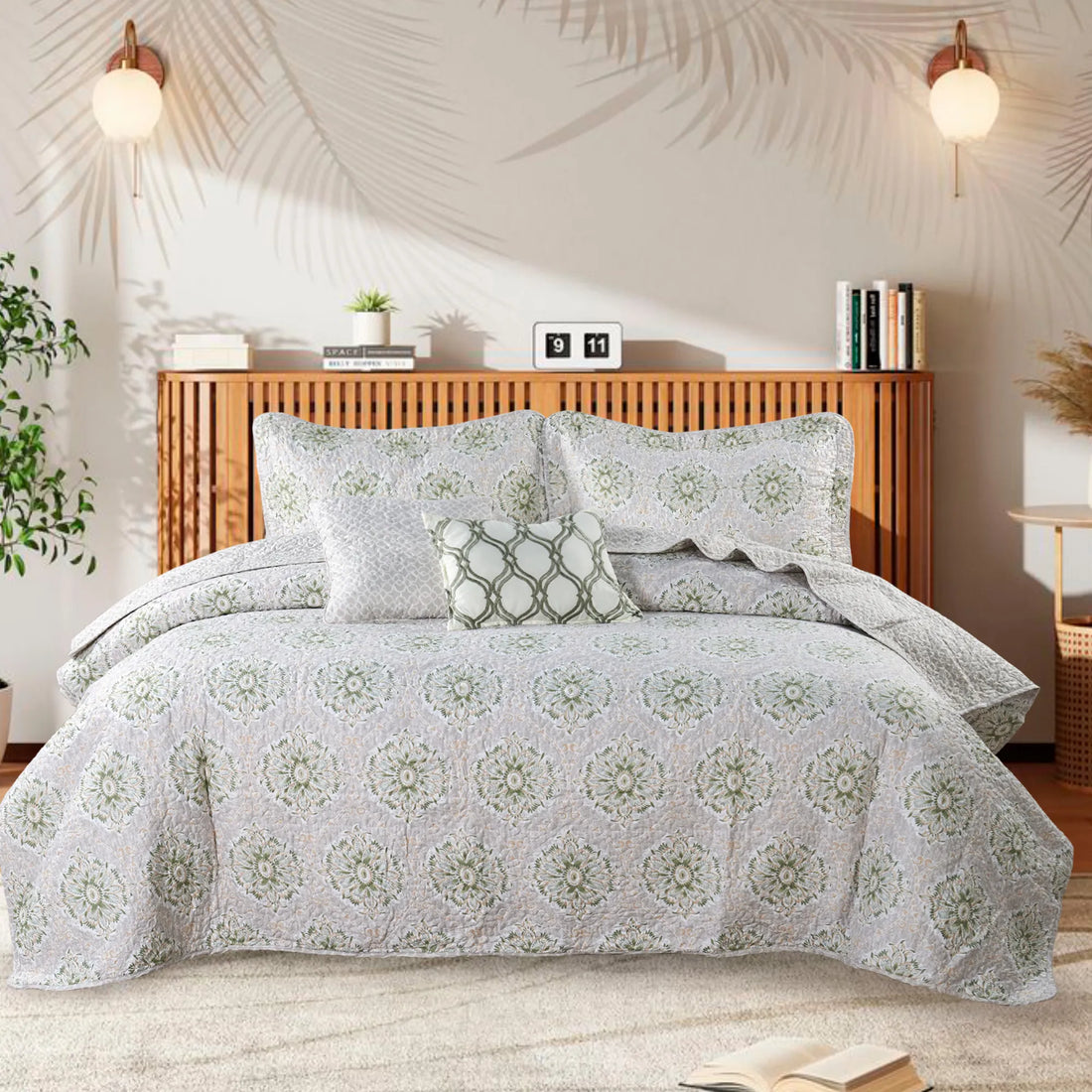 5 Piece Bloom Medallion Printed Microfiber Quilt Bedspread Set