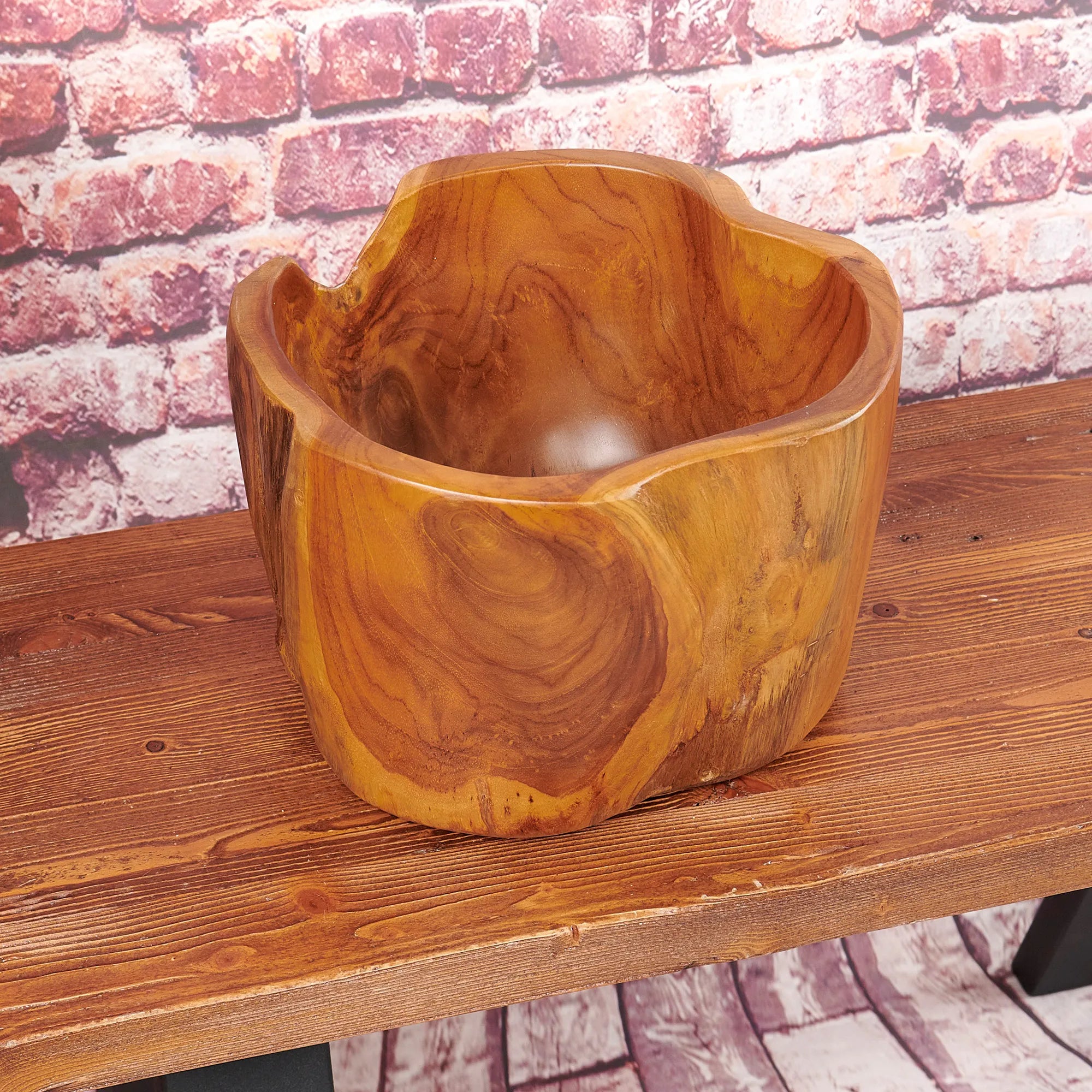 Abstract Straight Handcrafted Teak Bowl (11.8&quot; x 11.8&quot; x 8.2&quot;)