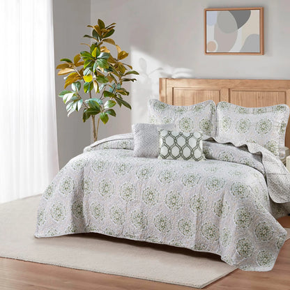 5 Piece Bloom Medallion Printed Microfiber Quilt Bedspread Set