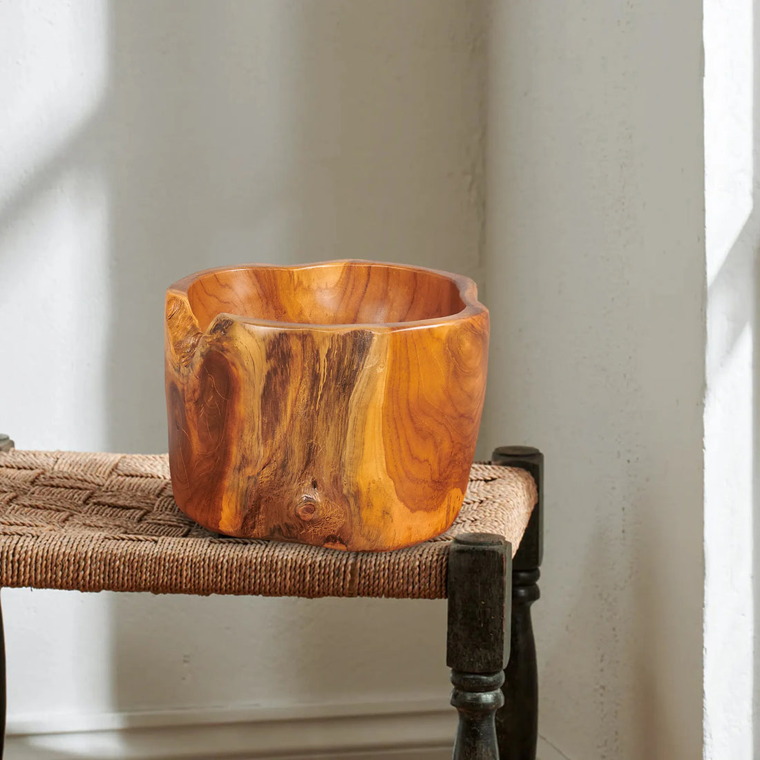 Abstract Straight Handcrafted Teak Bowl (11.8" x 11.8" x 8.2")