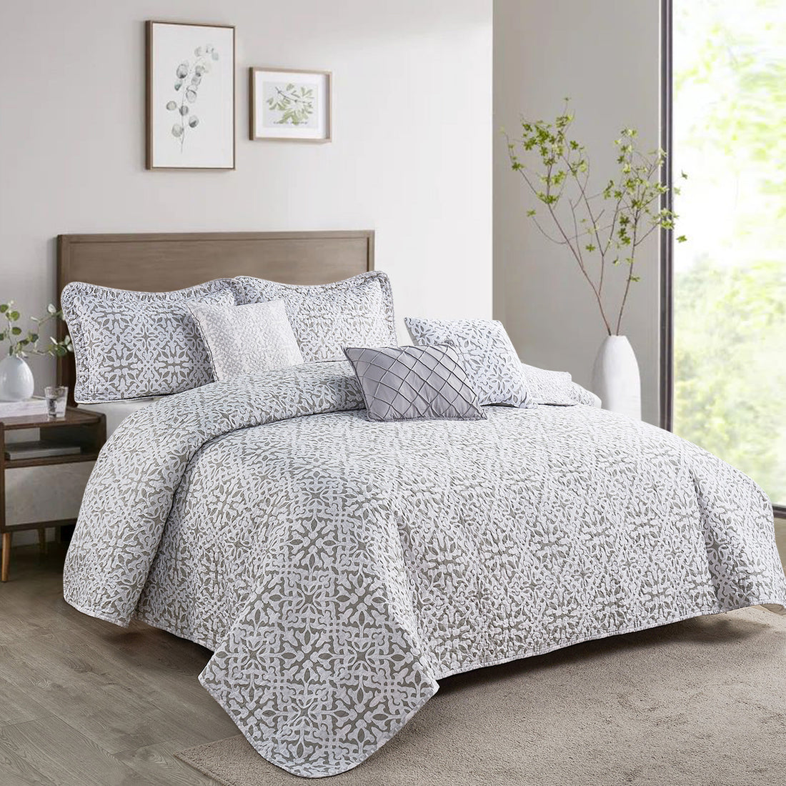 6 Piece Bellamy Printed Microfiber Quilt Bedspread Set