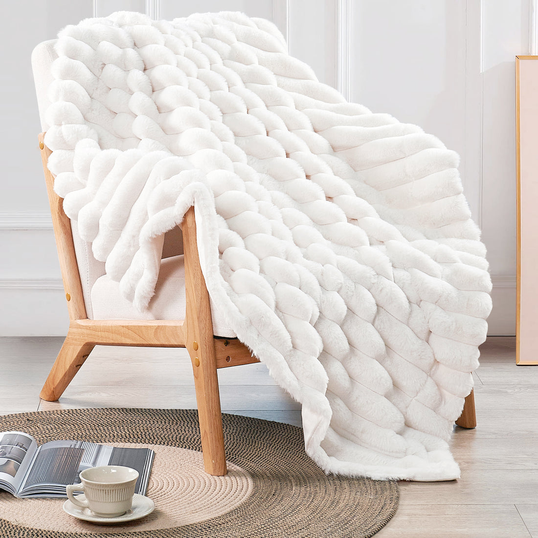 Fuzzy Striped Faux Fur Throw Blanket -50&quot;x60&quot;