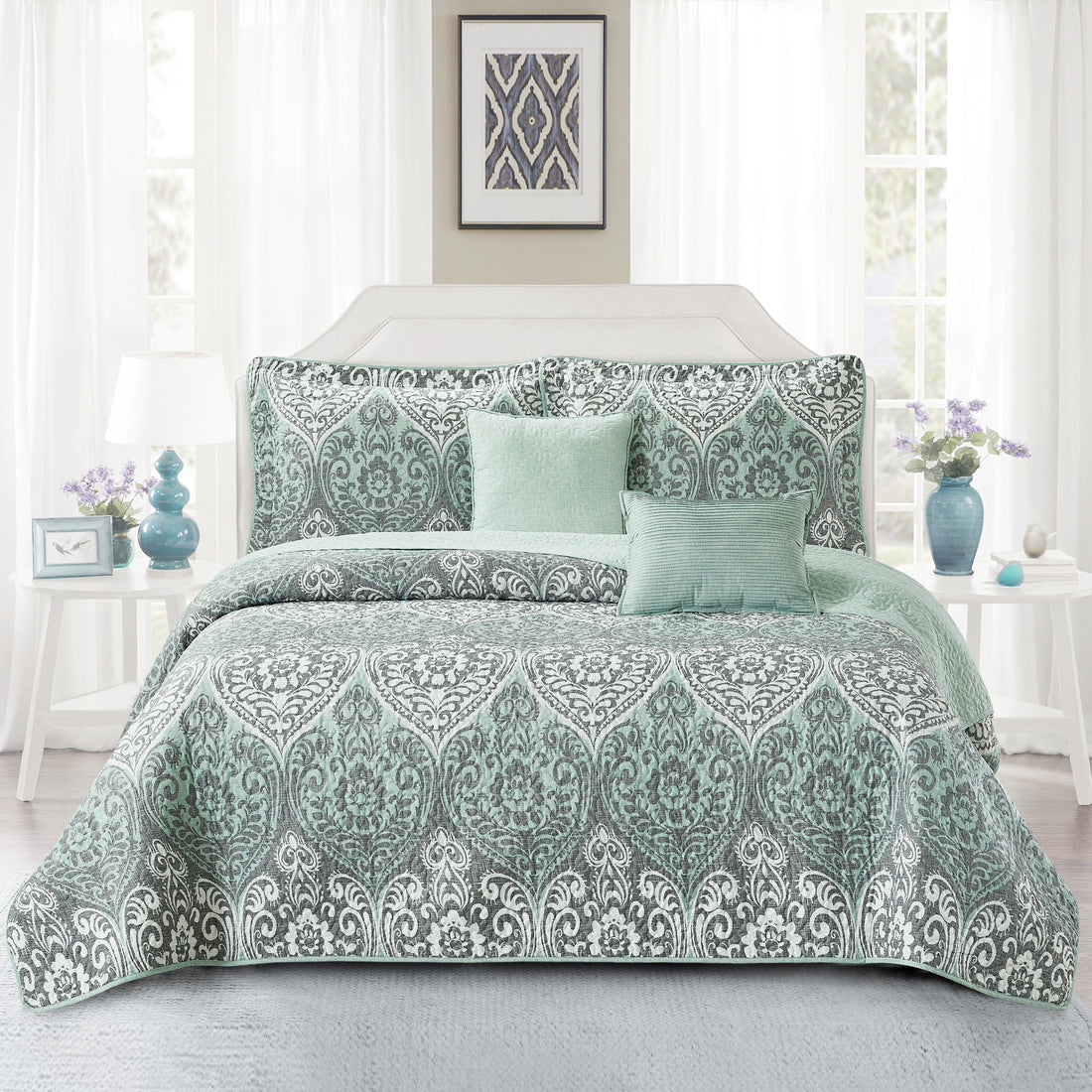 5 Piece Kingston Damask Printed Microfiber Quilt Bedspread Set
