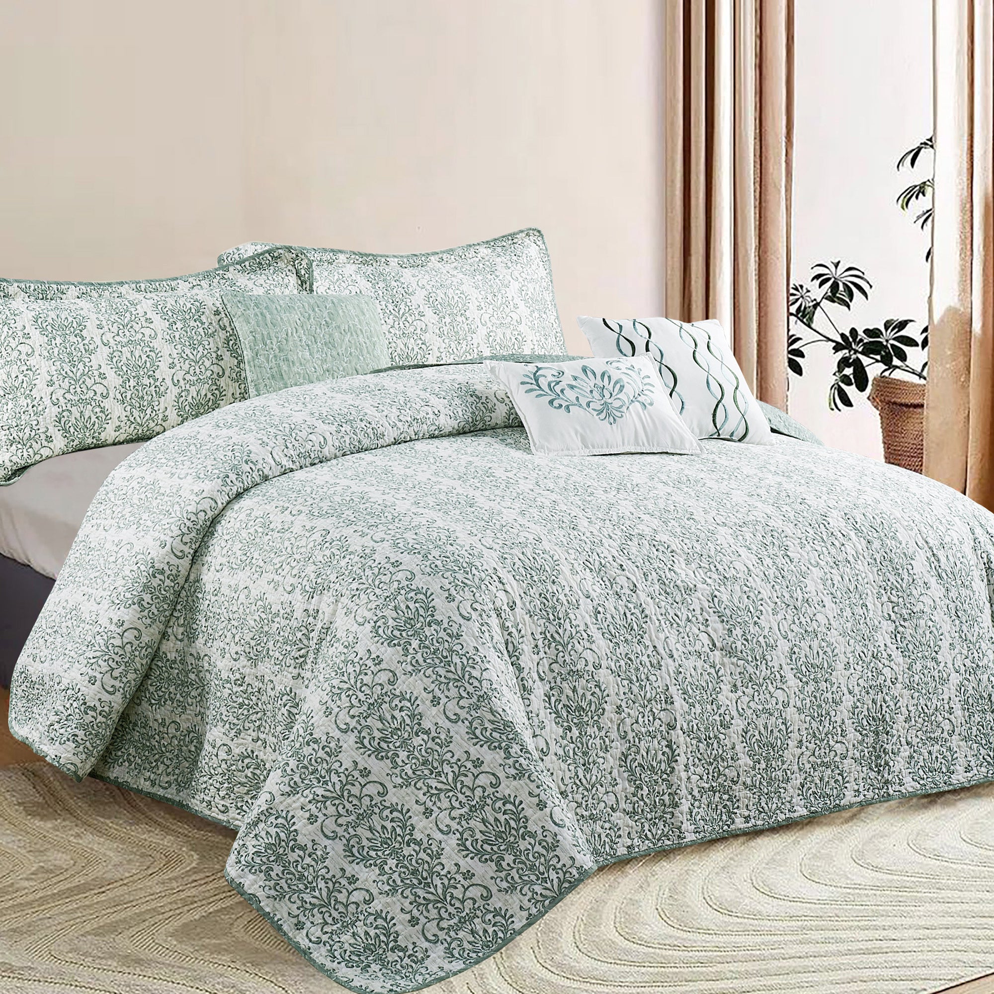 6 Piece Mayfair Printed Microfiber Quilt Bedspread Set