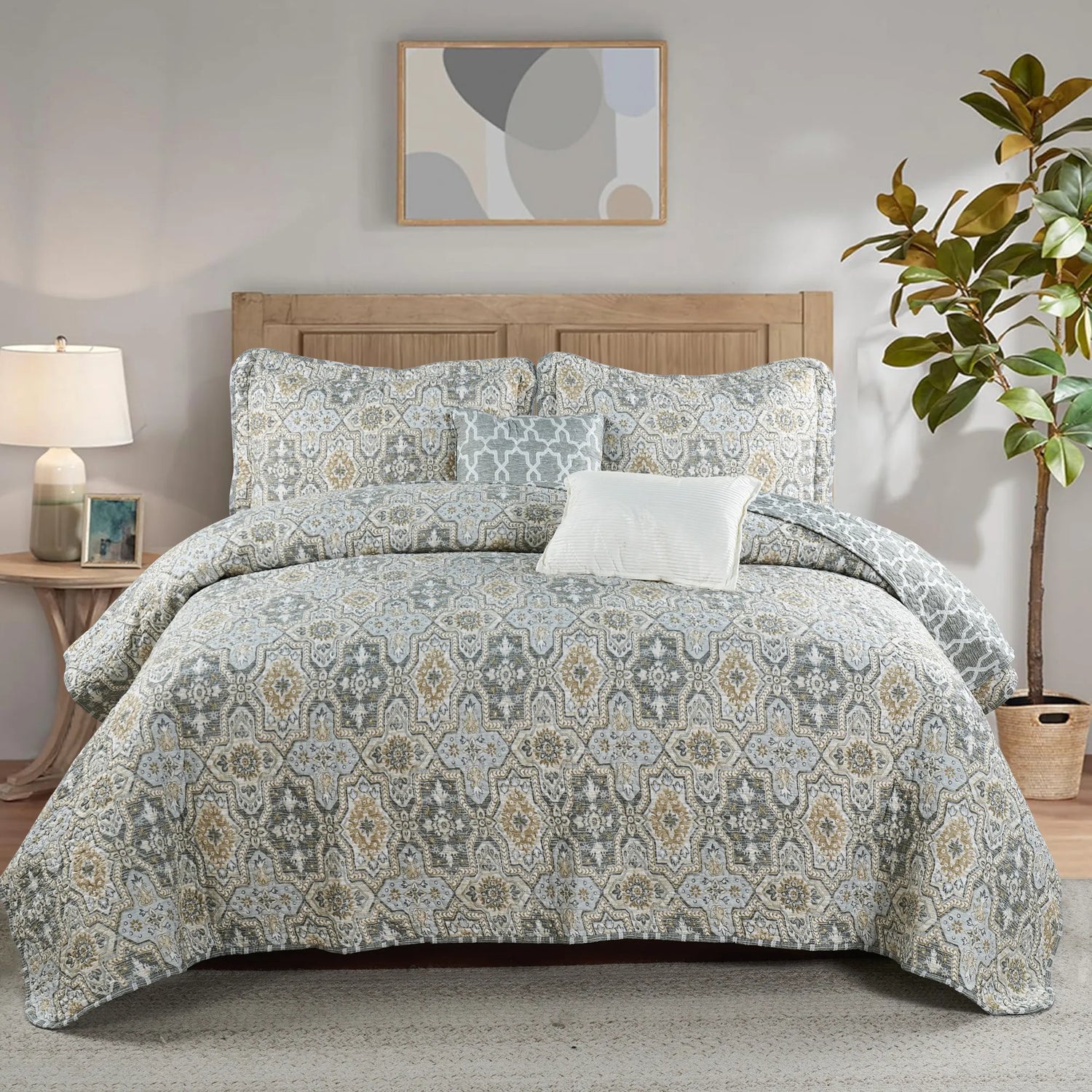 5 Piece Lanza Printed Microfiber Quilts Set