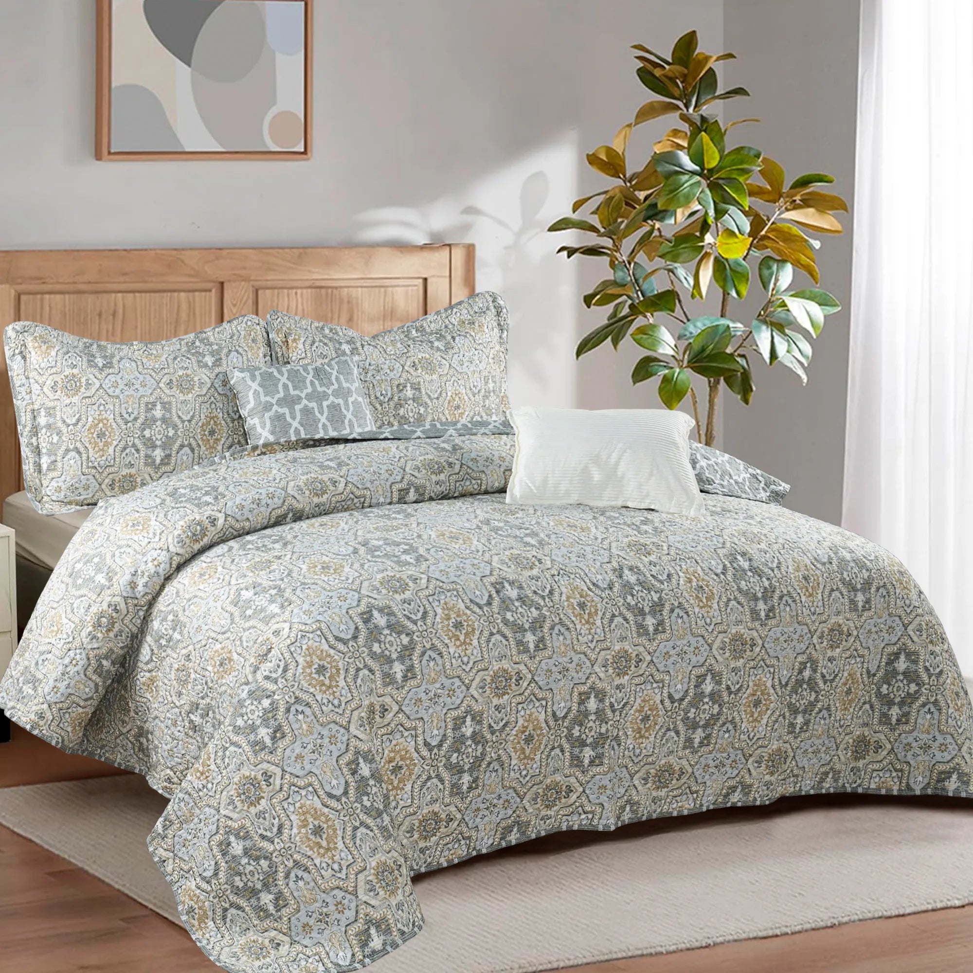 5 Piece Lanza Printed Microfiber Quilts Set
