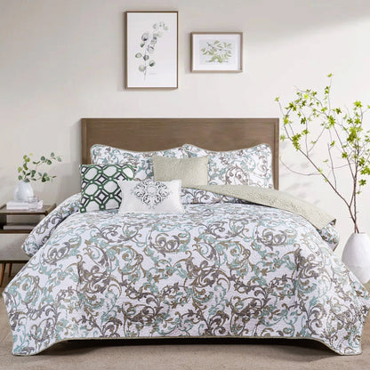 6 Piece Ravello Scroll Printed Microfiber Quilt Set