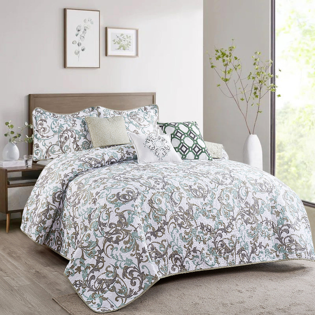 6 Piece Ravello Scroll Printed Microfiber Quilt Set