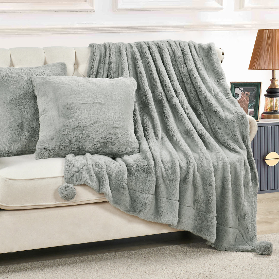 Pompom Faux Fur Throw Blanket & 2 Pillow Cover Set (50"x60"/20"x20")