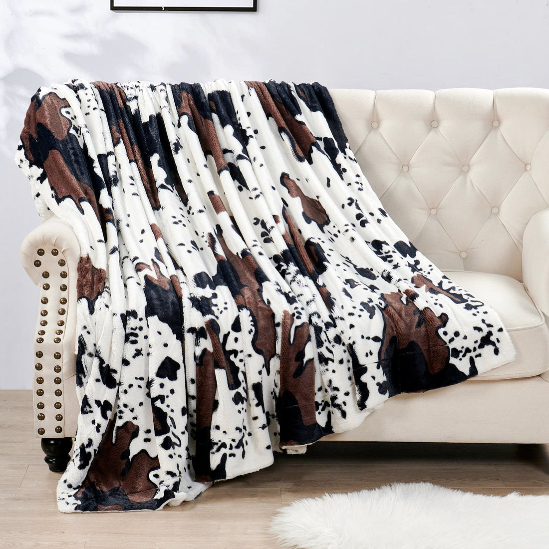 Cow Print Double Sided Faux Fur Blanket (80" x 90")