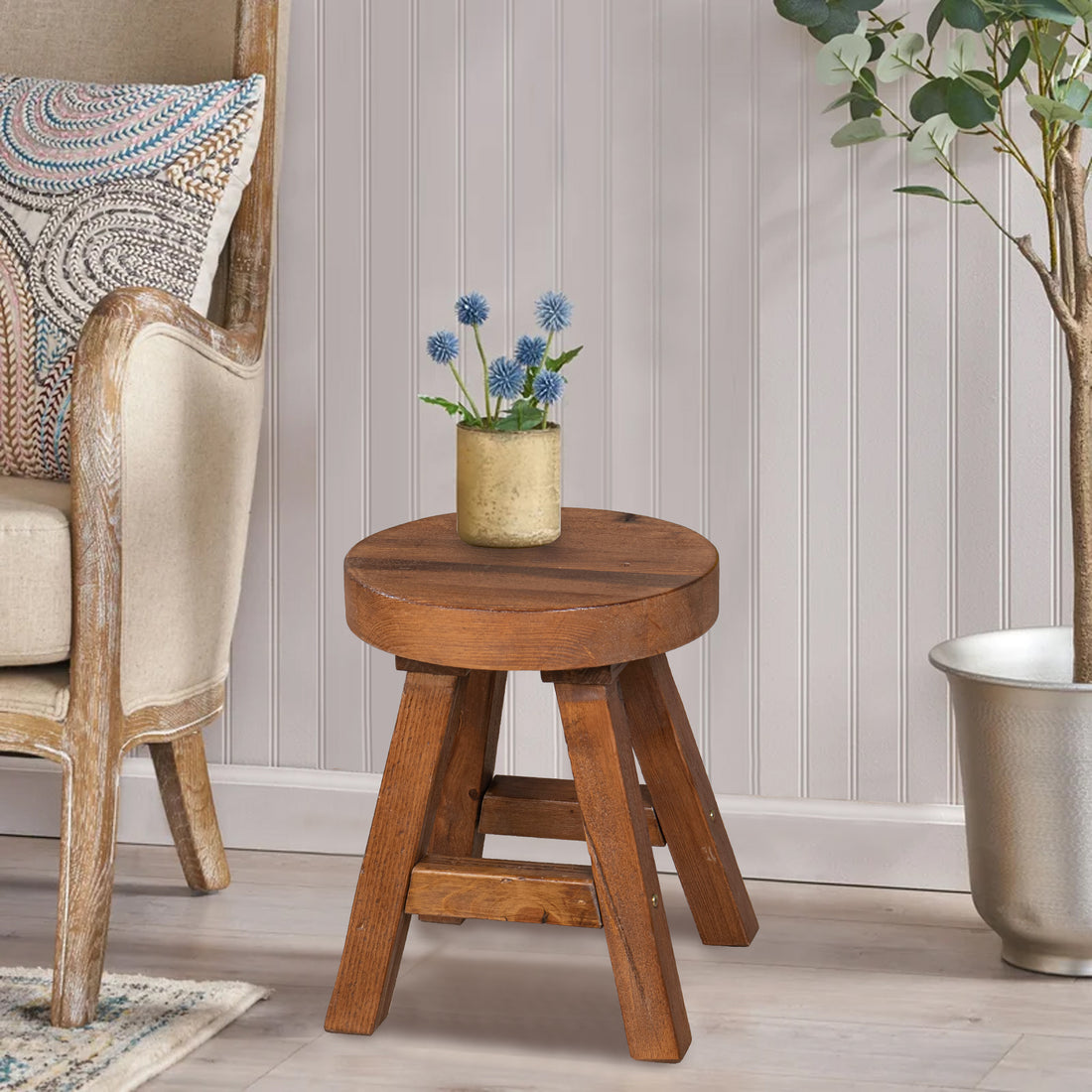 Old Pine Wood Round Stool (14" x 14" x 18")