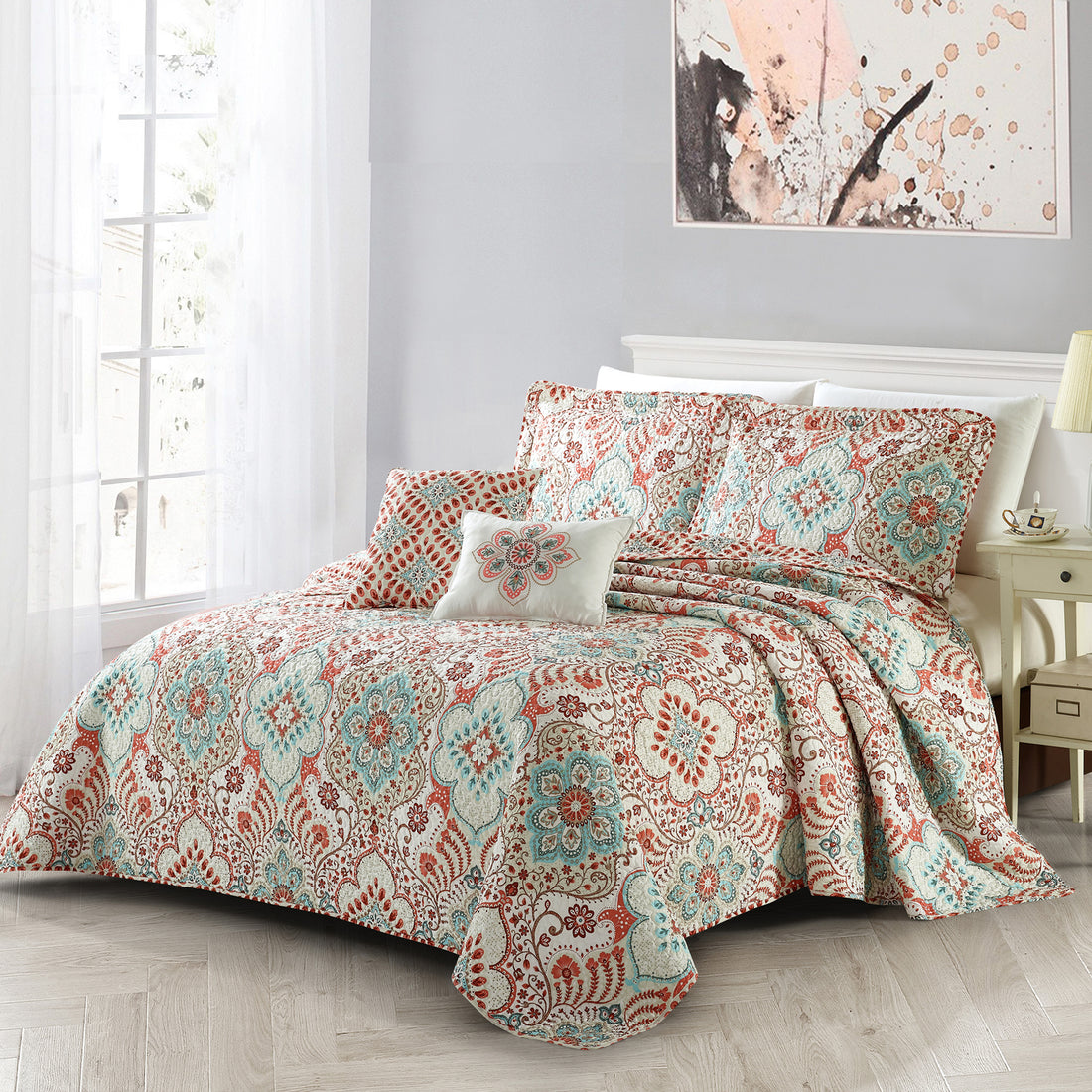 5 Piece Bennington Damask Printed Microfiber Quilt Bedspread Set