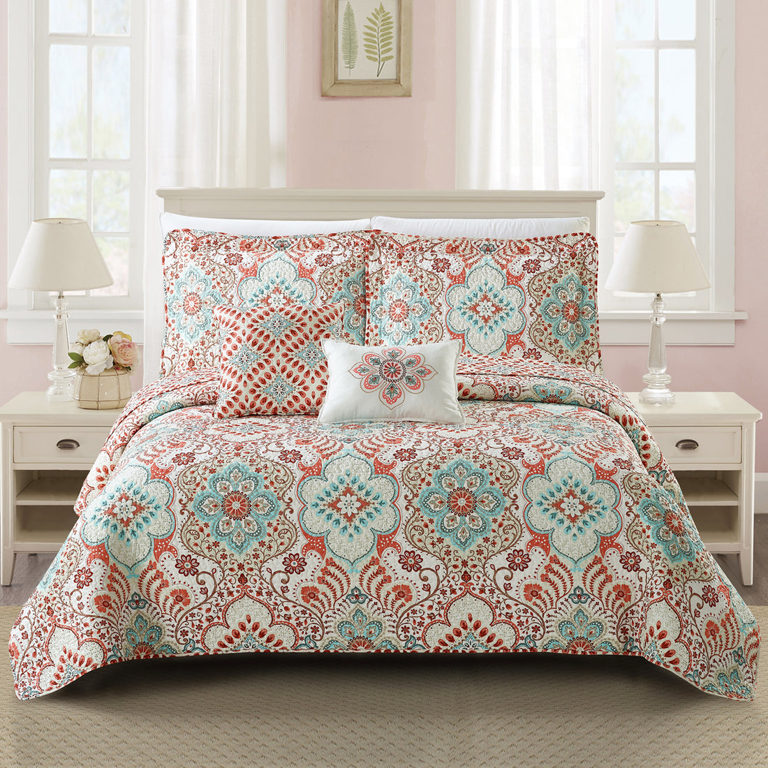 5 Piece Bennington Damask Printed Microfiber Quilt Bedspread Set