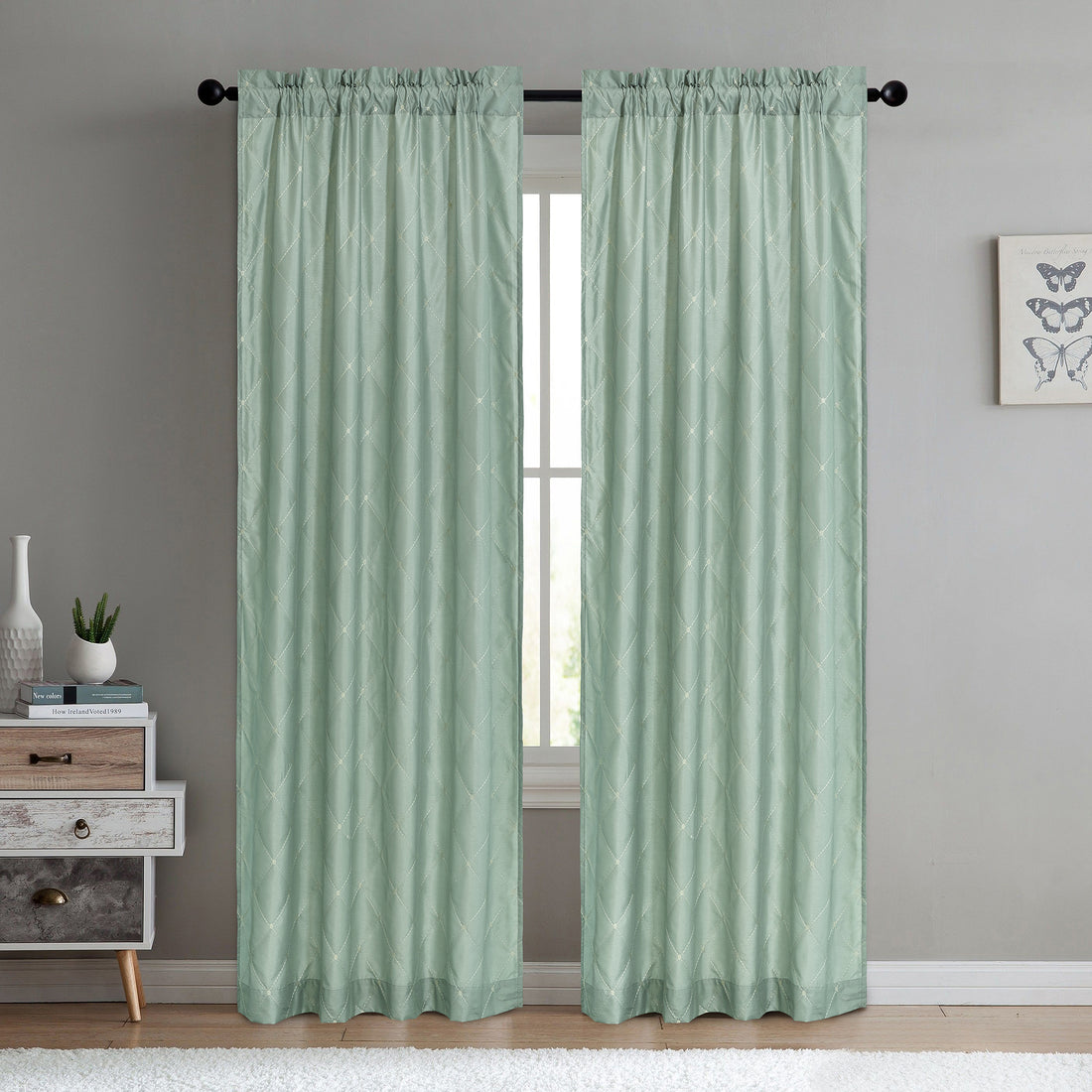 Doris Diamond Embroidery Faux Silk Curtain - Set of 2 (60"x96")