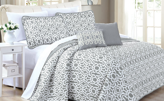 Montgomery Grey 5 Piece Printed Microfiber Quilts Bedspread Set
