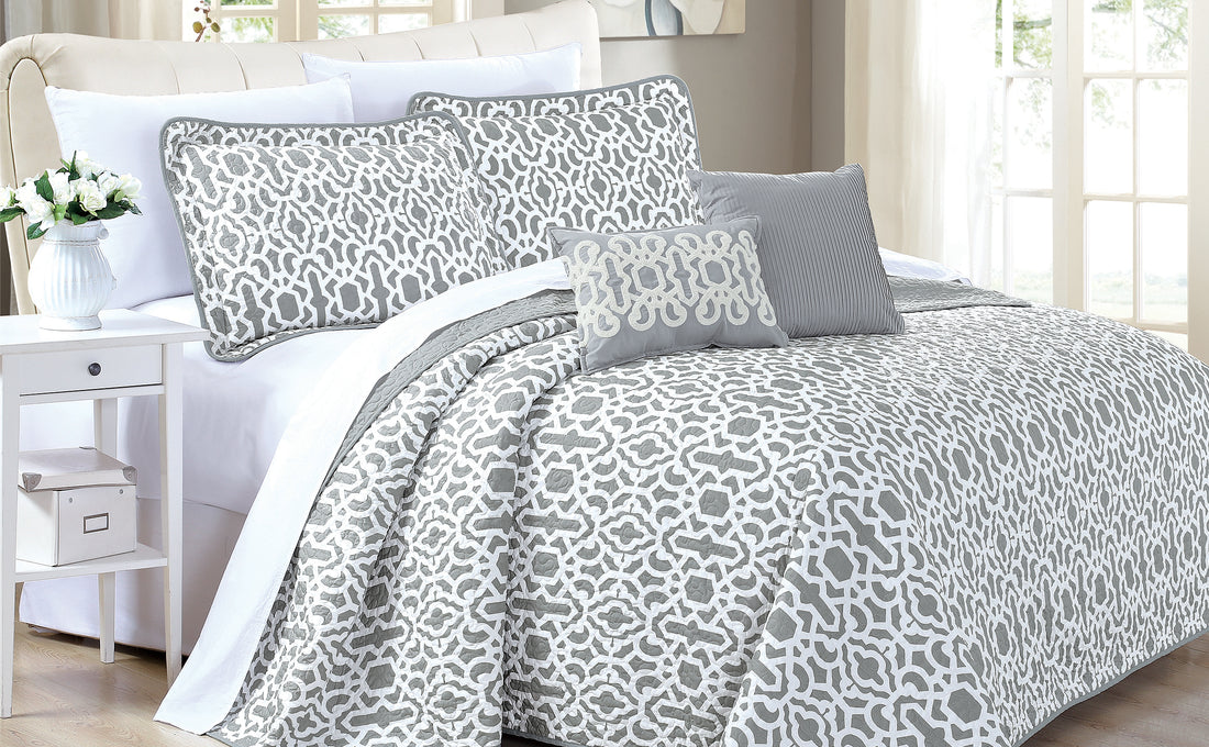 5 Piece Montgomery Grey Printed Microfiber Quilts Bedspread Set