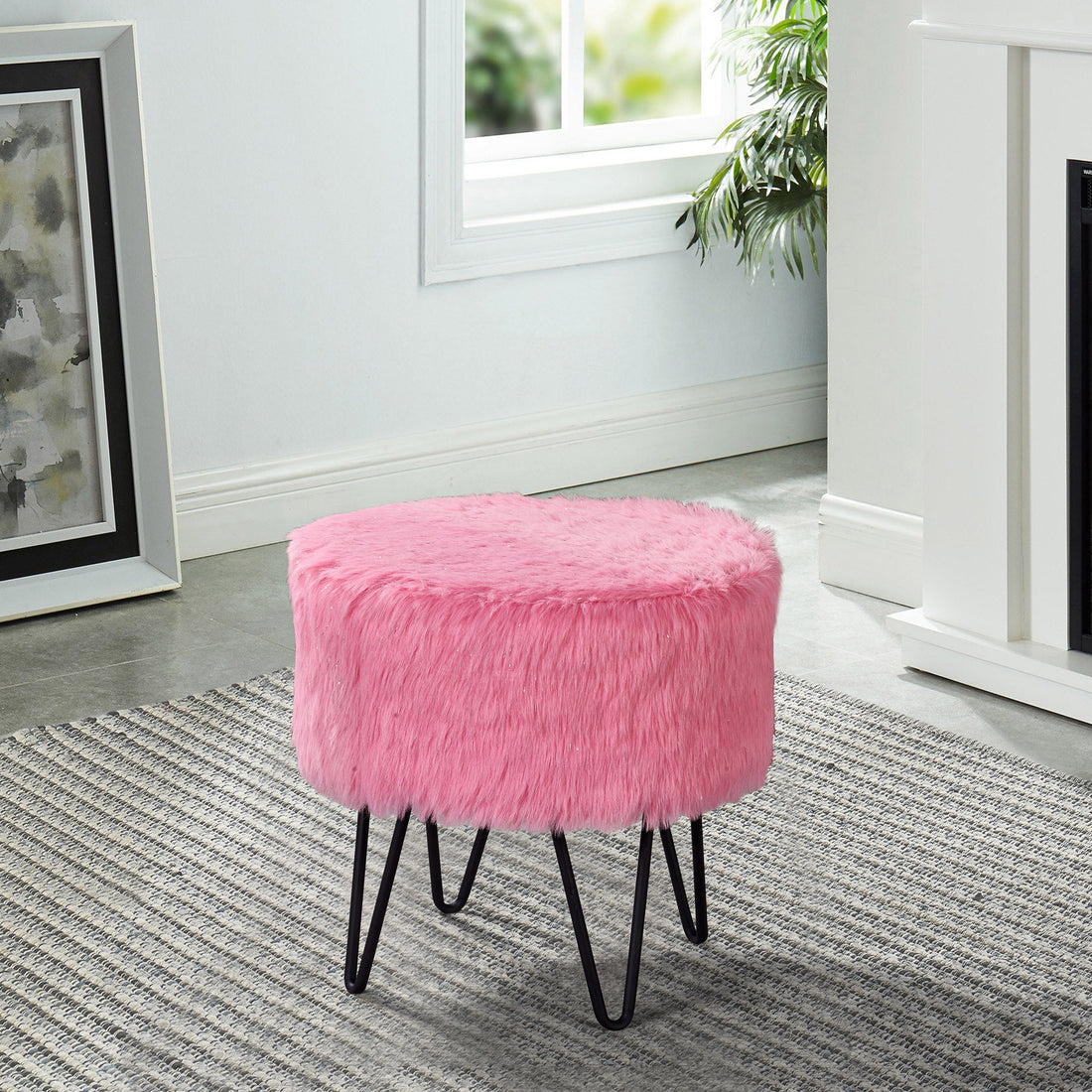 Glitter Faux Fur Round Ottoman (18" x 18" x 18")