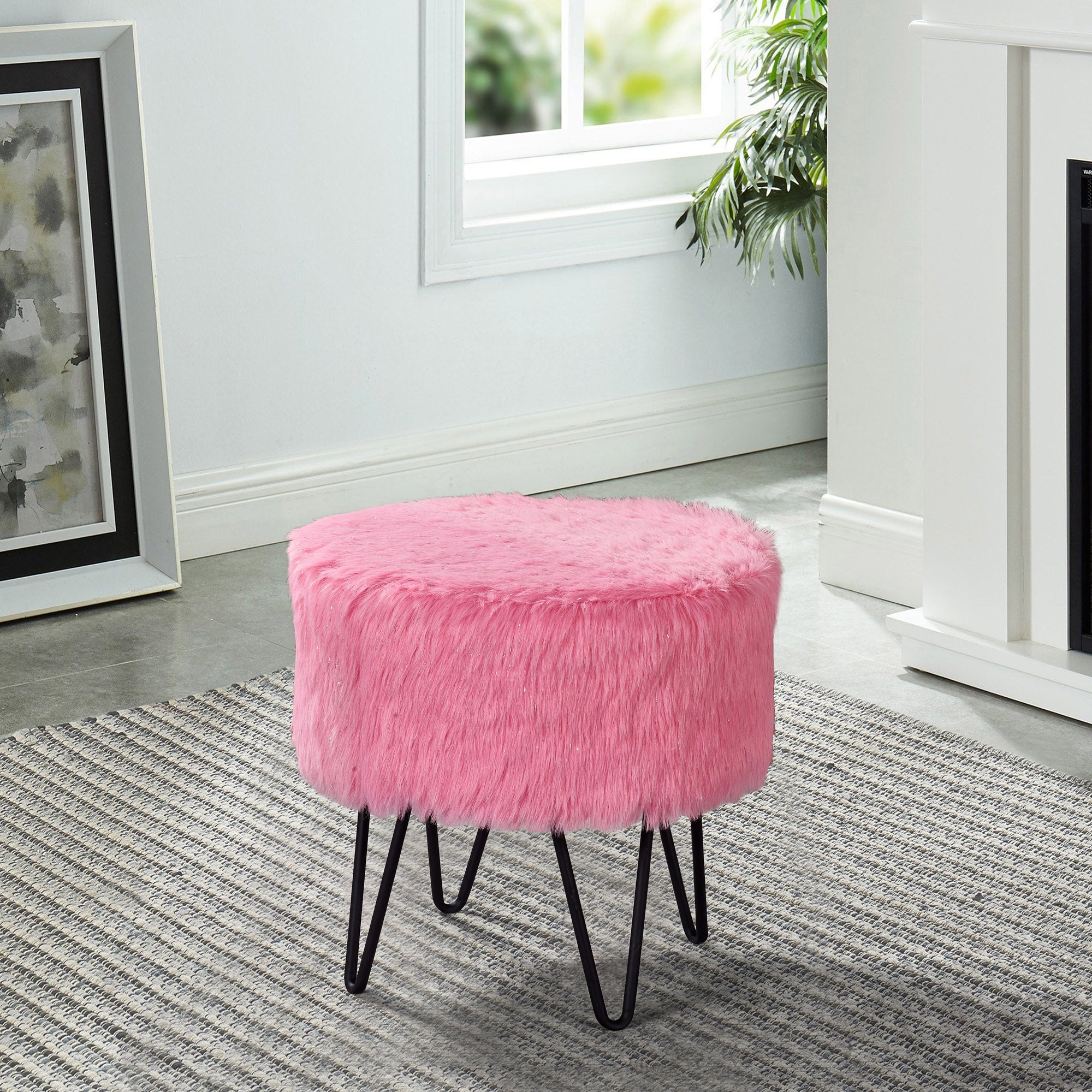 Glitter Faux Fur Round Ottoman (18&quot; x 18&quot; x 18&quot;)