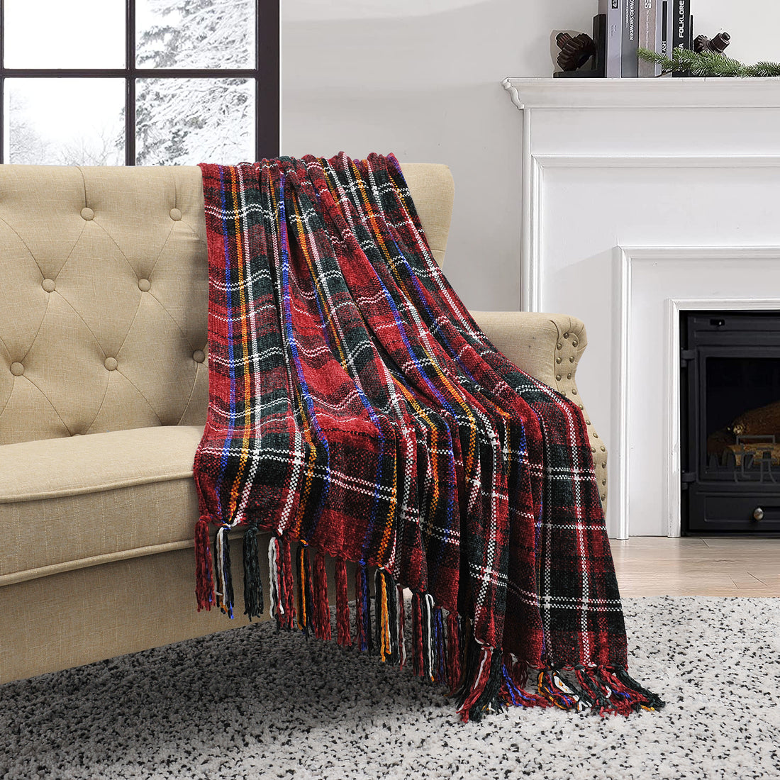 Multi Color Crystal Chenille Throw Blanket - Red/Green/White Plaid (50&quot;x60&quot;)