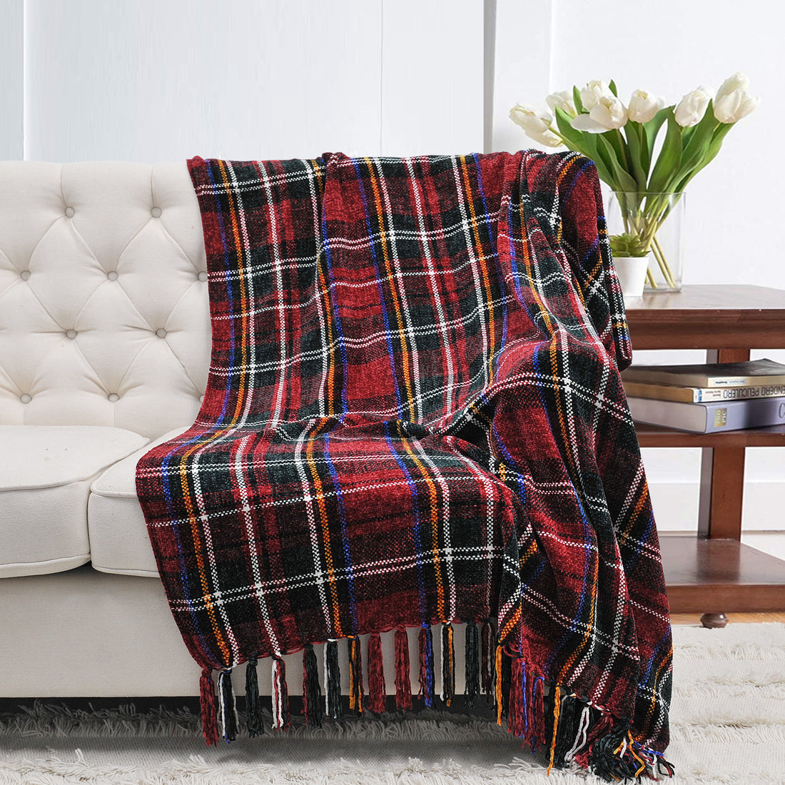 Multi Color Crystal Chenille Throw Blanket - Red/Green/White Plaid (50&quot;x60&quot;)