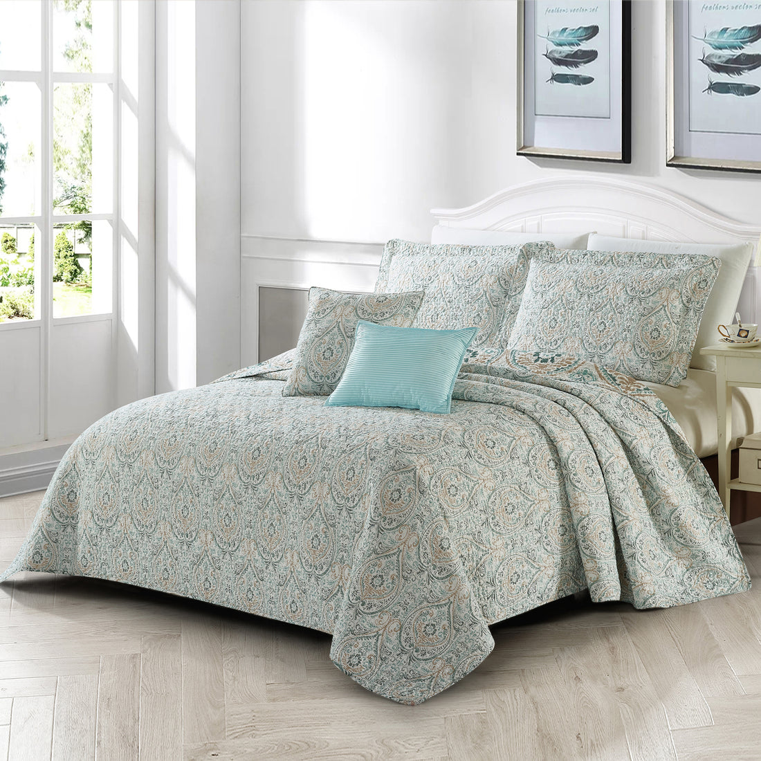 5 Piece Visionary Blue Printed Microfiber Quilt Bedspread Set