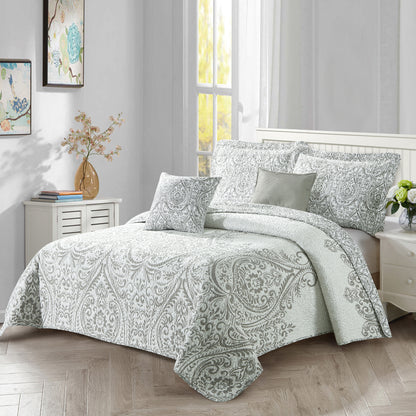 5 Piece Printed Microfiber Quilt Bedspread Set - Visionary Damask Blue & Visionary Grey